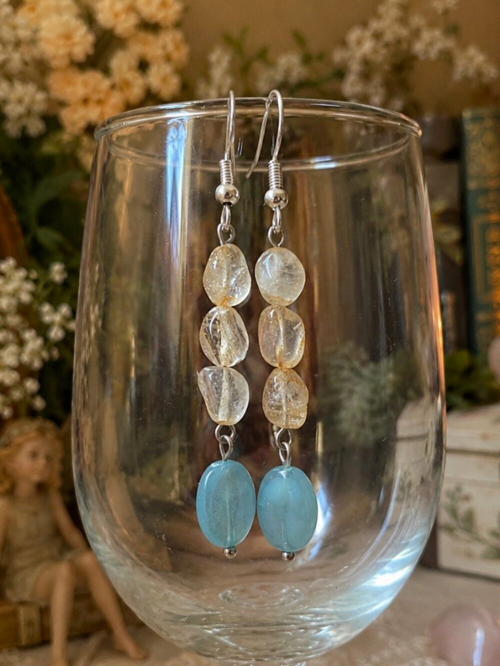 Yellow Fluorite Nugget and Baby Blue Glass Oval Earrings, Sterling Silver Hooks